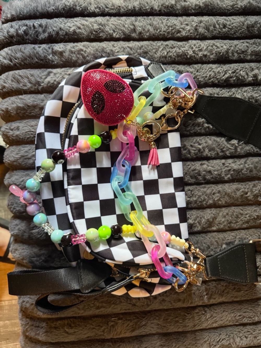 Checkered Crossbody Bag with Colorful Beaded Strap